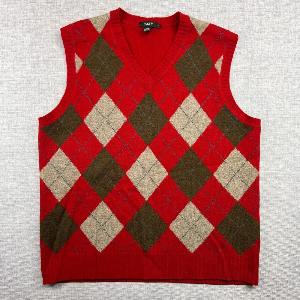 J.Crew‎ Lambswool Argyle Sweater Vest Men Large Red Preppy Ivy Classic Academia